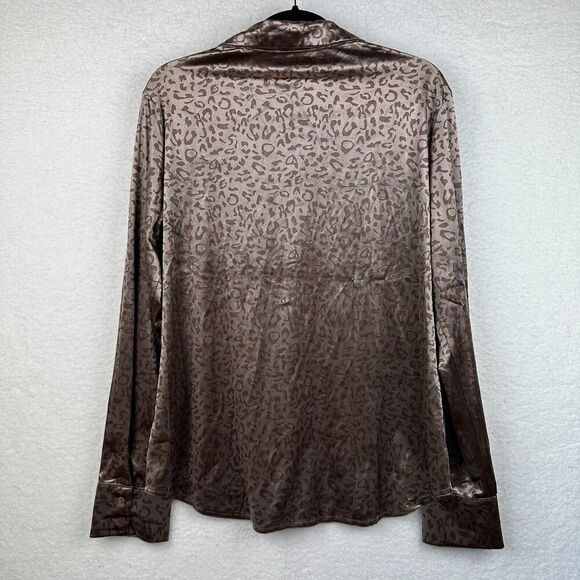 Mystree Velvet Leopard Button Up Top Womens L Boho Neutral Shiny Stretchy Office - Picture 9 of 10